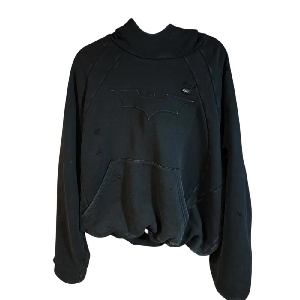 Black Batman Themed Hoodie Sweatshirt with Distressed Look